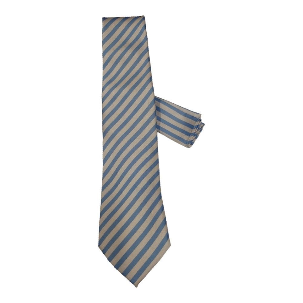 Men's St. Patrick Lt. Blue Thin Diagonal Stripe Tie And Pocket Square Set.